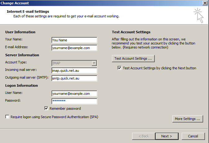 Outlook 2010 Email Account Settings